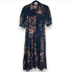 Natural Life Prairie Boho Floral Midi Dress Pockets Button Front Puff Sleeve XS
